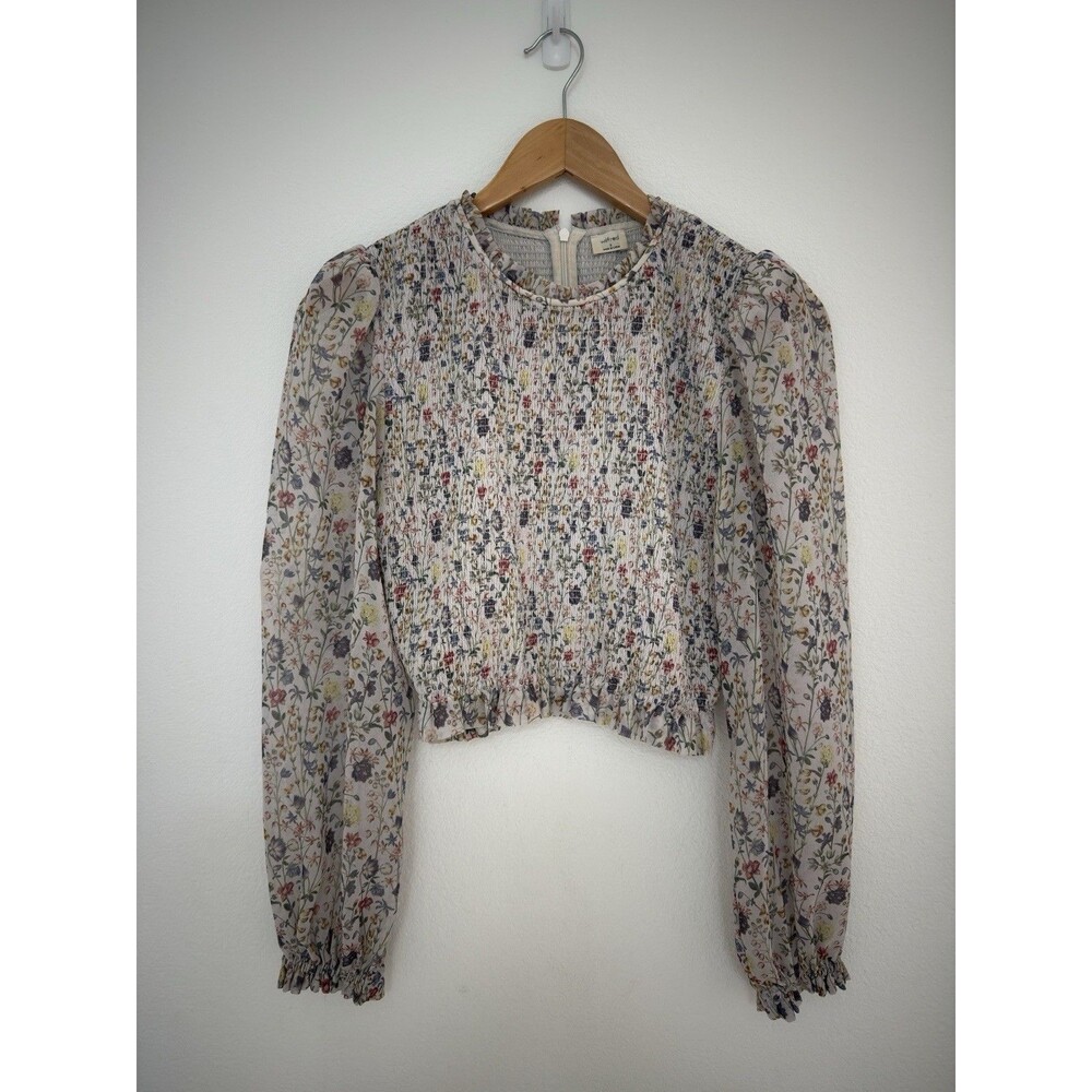 Aritzia Wilfred Tempest Blouse S Floral Smocked Sheer Long Sleeve Crop Top Boho